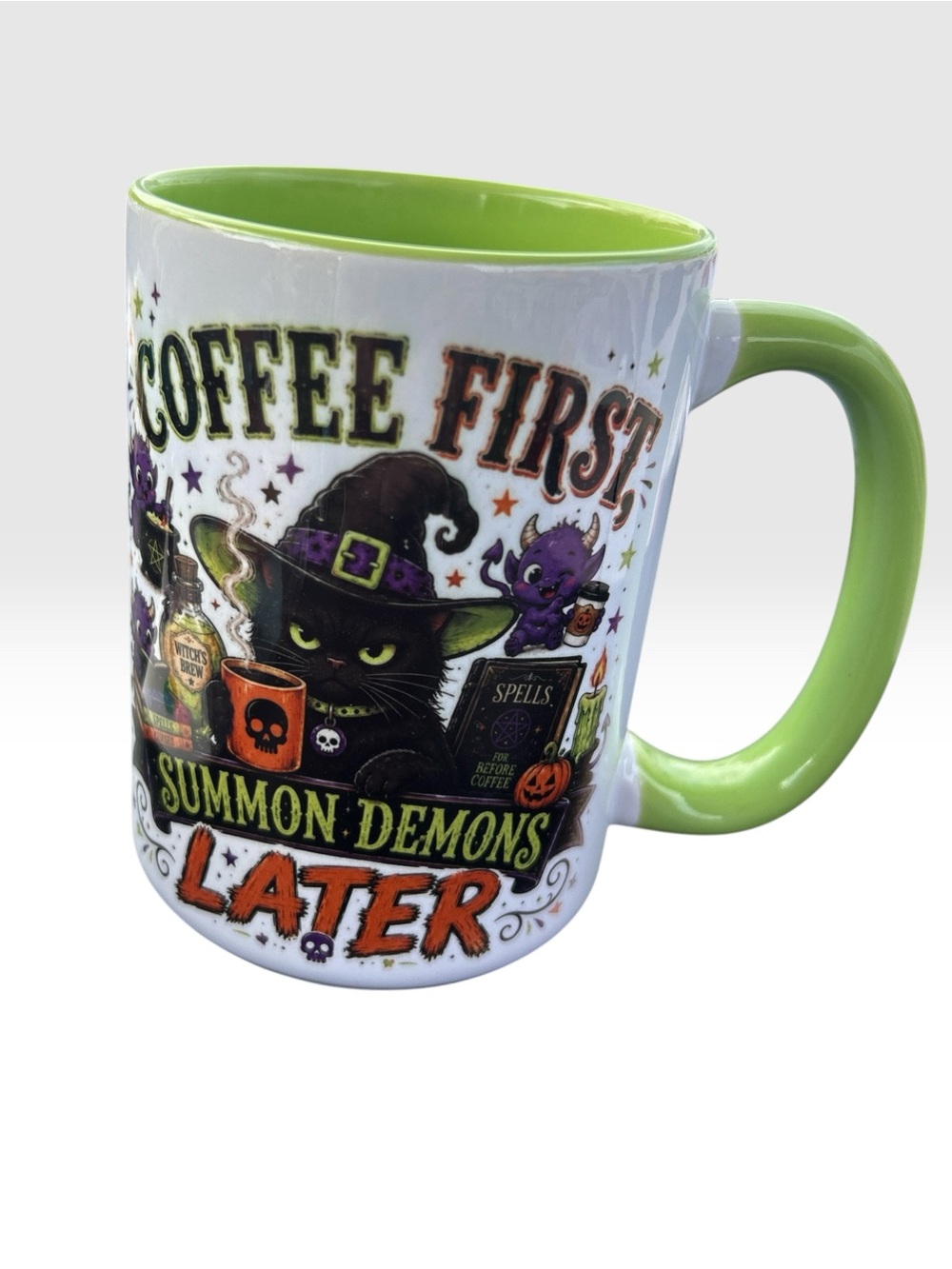 Halloween Witch Cat Coffee Mug - Lime Green Interior & Handle